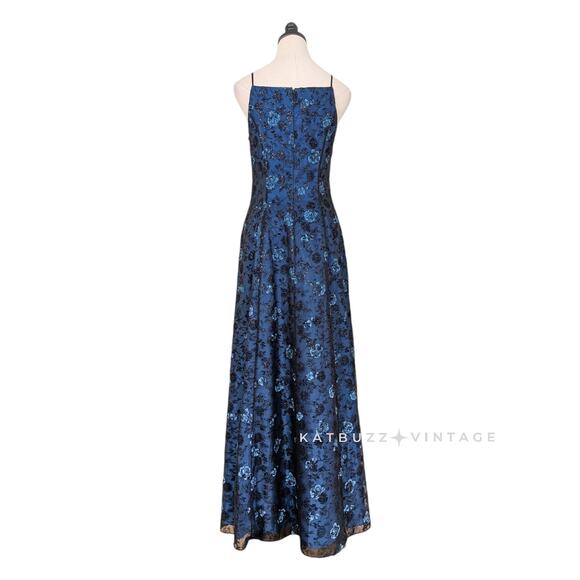 Vintage Morgan Co Prom Dress Maxi Gown 10 Blue Black Goth 90S Y2K Floral Glam - Picture 2 of 11